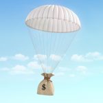 Concept of fast money. Money for help. Money transfer. Money bag falling on the parachute on a sky background. Payment.