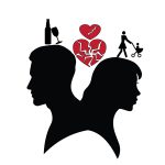 Psychology of relations. Silhouette of man and woman. Divorce and broken family. The reason for the divorce is  alcoholism.